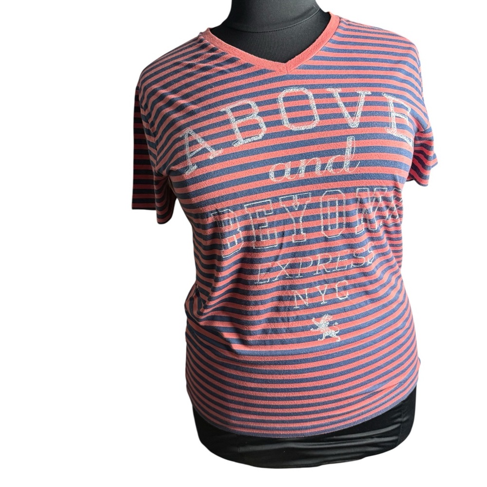 Express V-Neck Pink and Blue Striped Tee Cotton Blend Above and Beyond Sz LG